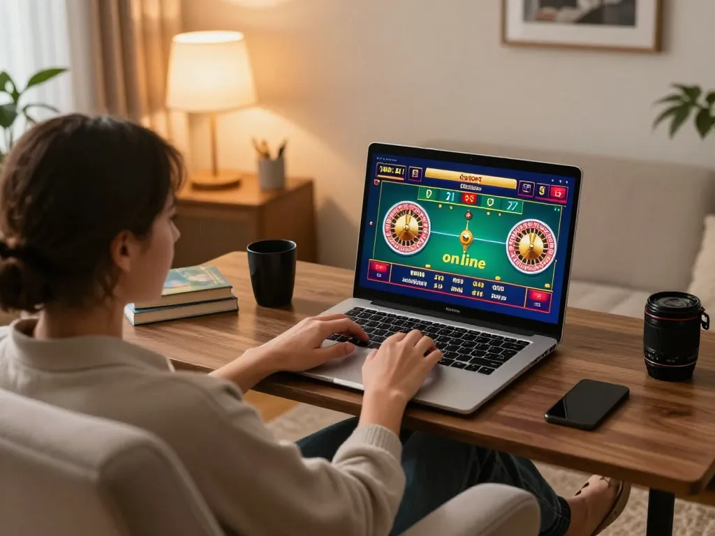 Engaging in casino online gratis senza registrazione at home, showcasing laptop gaming with vibrant roulette interface.