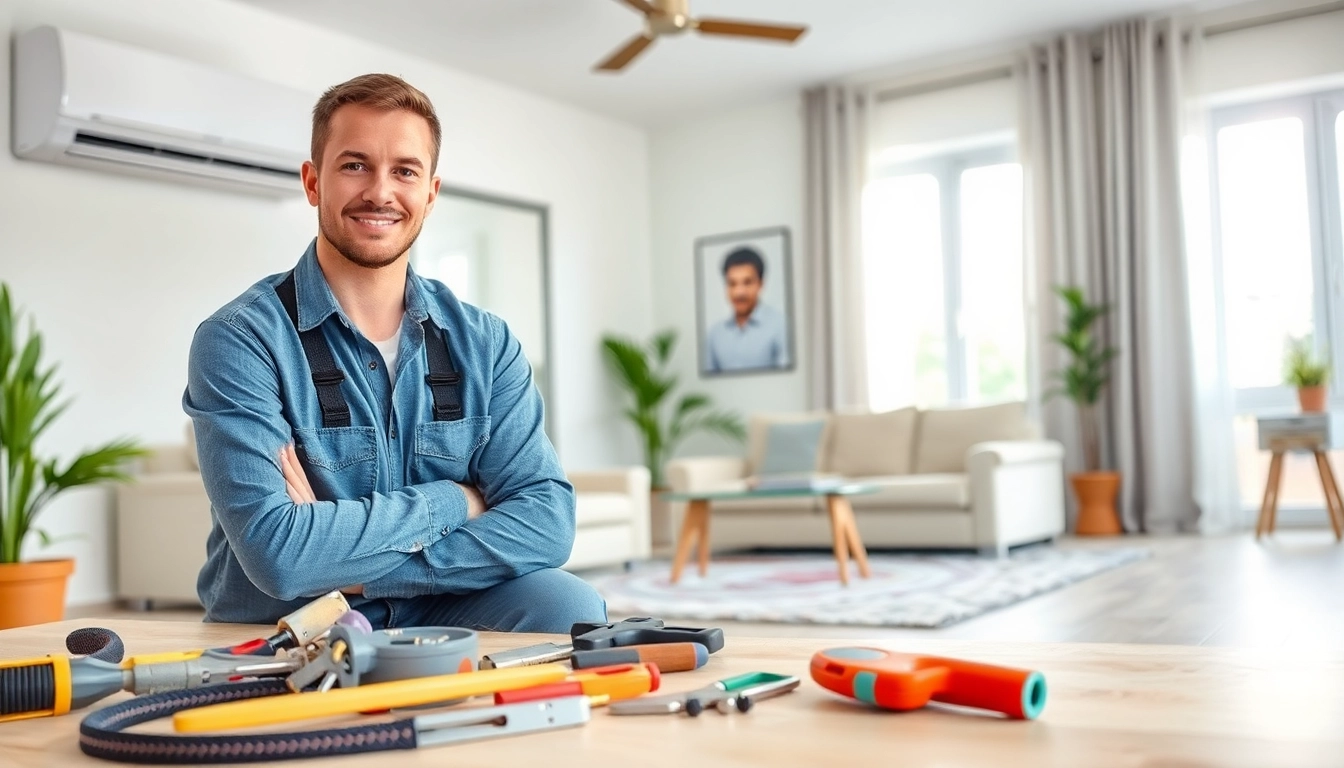 Expert technician performing AC installation services in a bright, modern home.