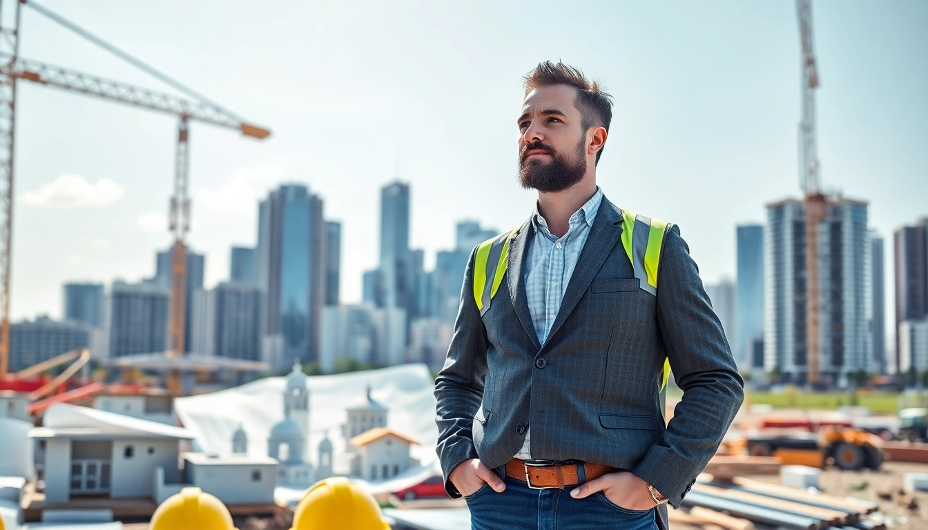 Real Estate Developer collaborating on blueprints at a bustling construction site.