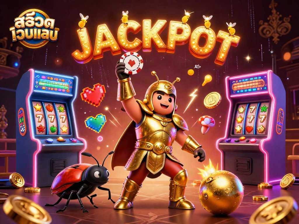 Celebrate winning at สล็อตเว็บตรง with a heroic beetle lifting a poker chip and jackpot fireworks.
