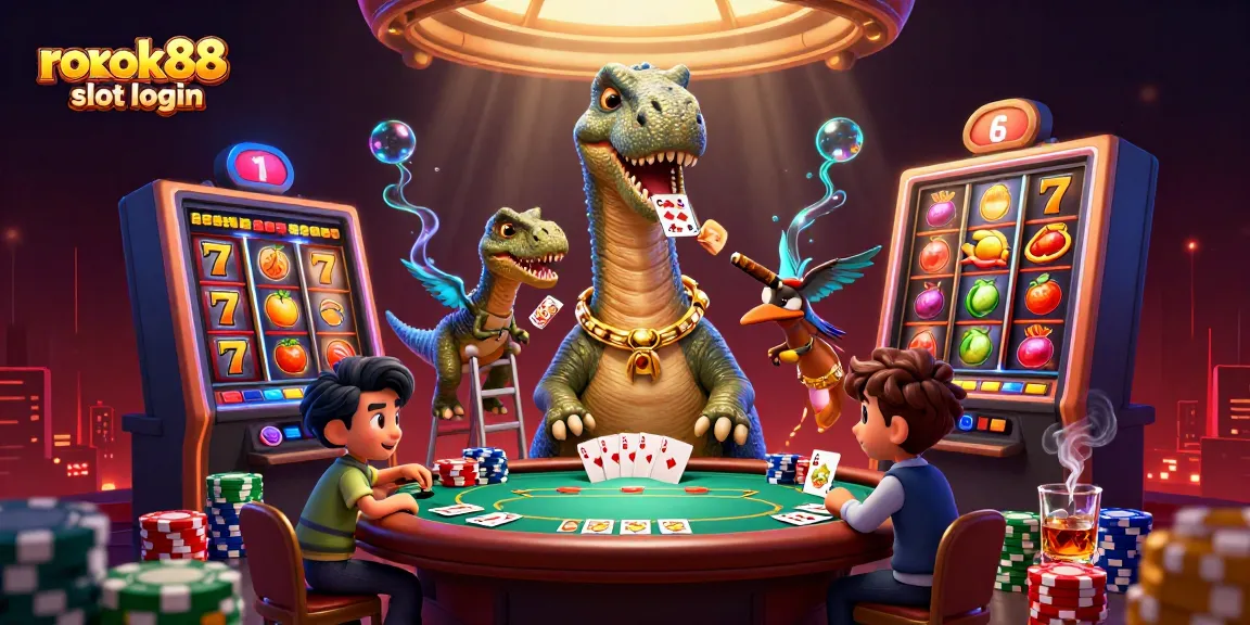 Experience rokok88 slot login with a vibrant 3D scene of a massive dinosaur at a poker table, showcasing thrilling slot elements.