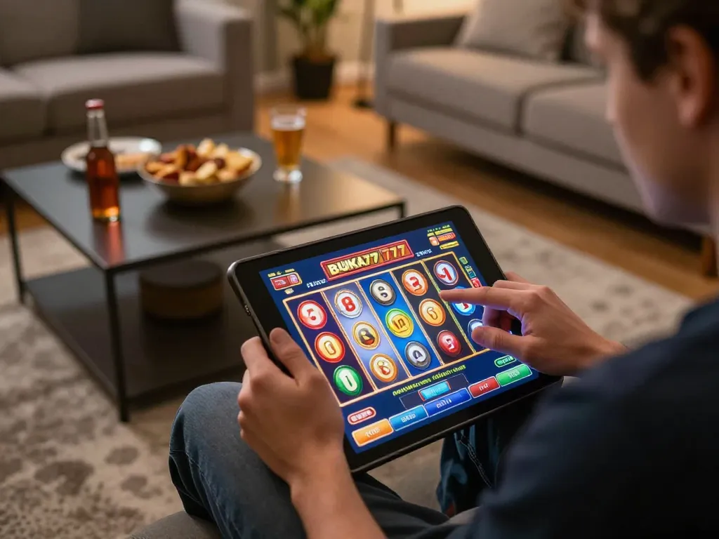 Engaging BUKA77 SLOT gameplay on a tablet depicting colorful reels in a cozy home environment.