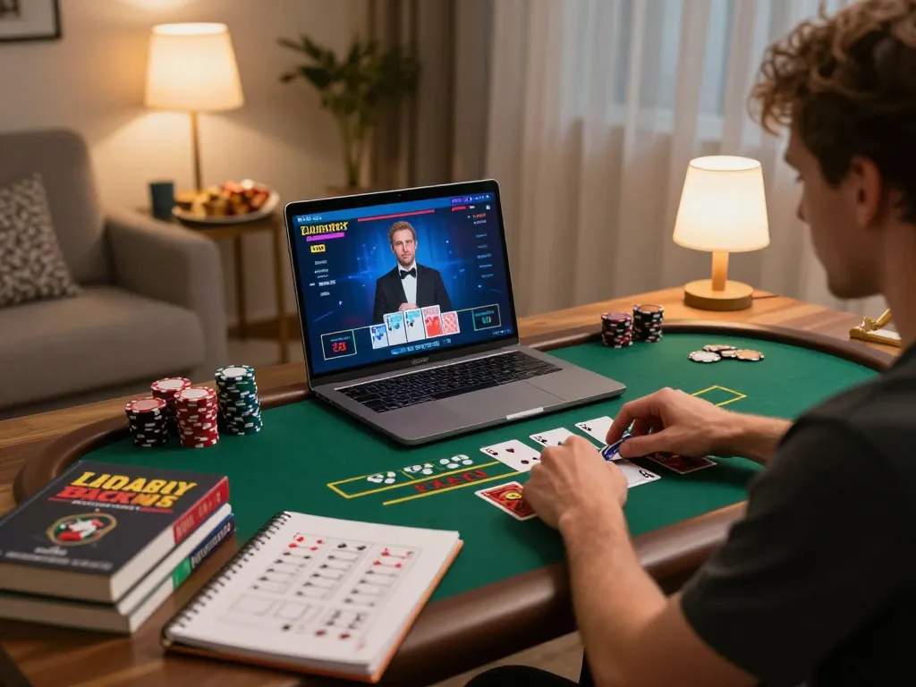 FAFA 828 player enjoying live dealer blackjack gaming session on a laptop at home.