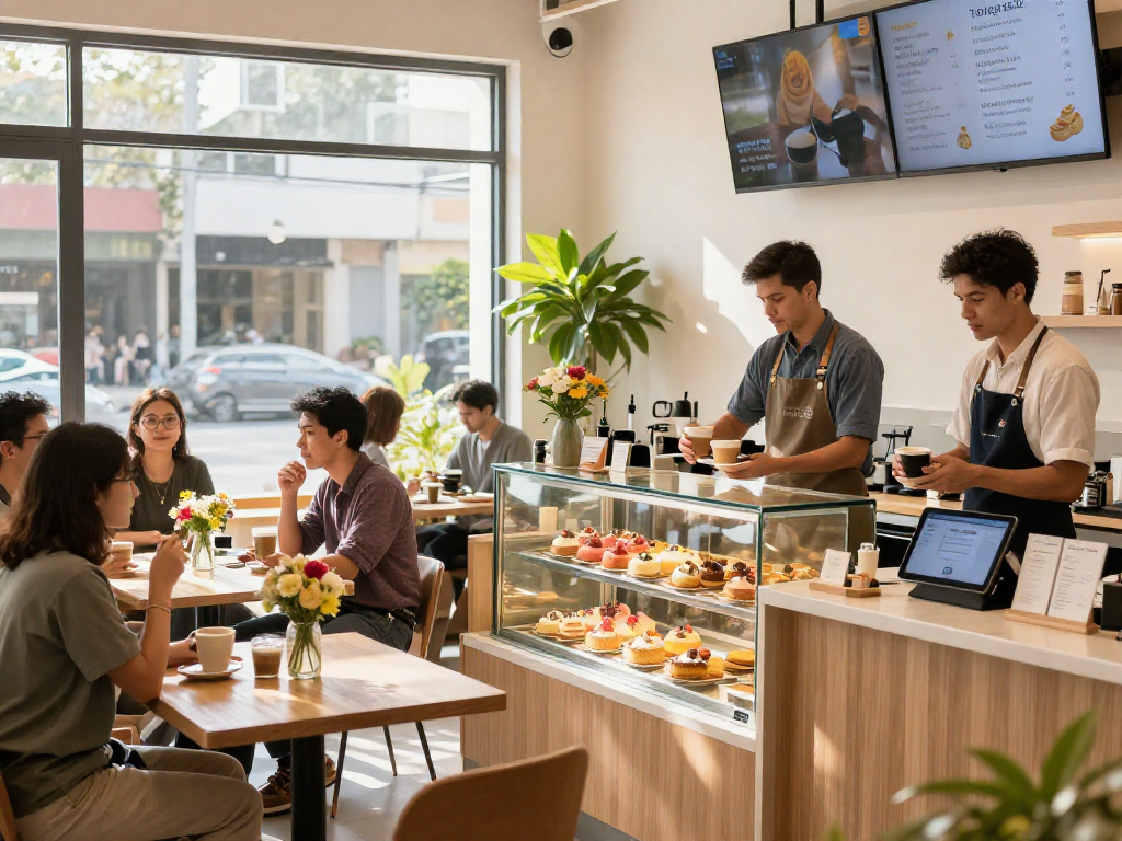 Customers engaging with loyalty software at a cafe for rewards and promotions.