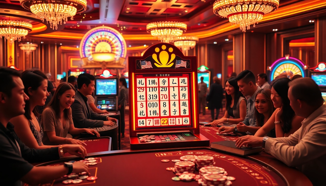 Players enjoying a thrilling mahjong slot demo at a vibrant casino, immersed in excitement and anticipation.