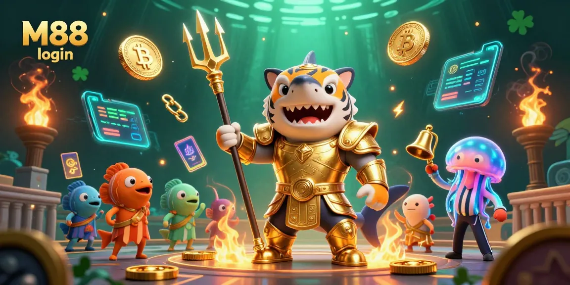 M88 login action in a dynamic underwater colosseum featuring a golden shark gladiator amidst crypto elements.