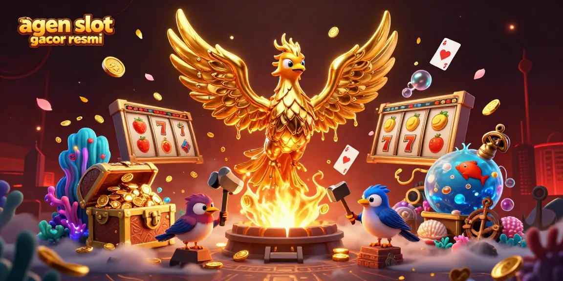 Engage in thrilling play at agen slot gacor resmi with this dynamic 3D casino illustration featuring golden phoenix and game elements.