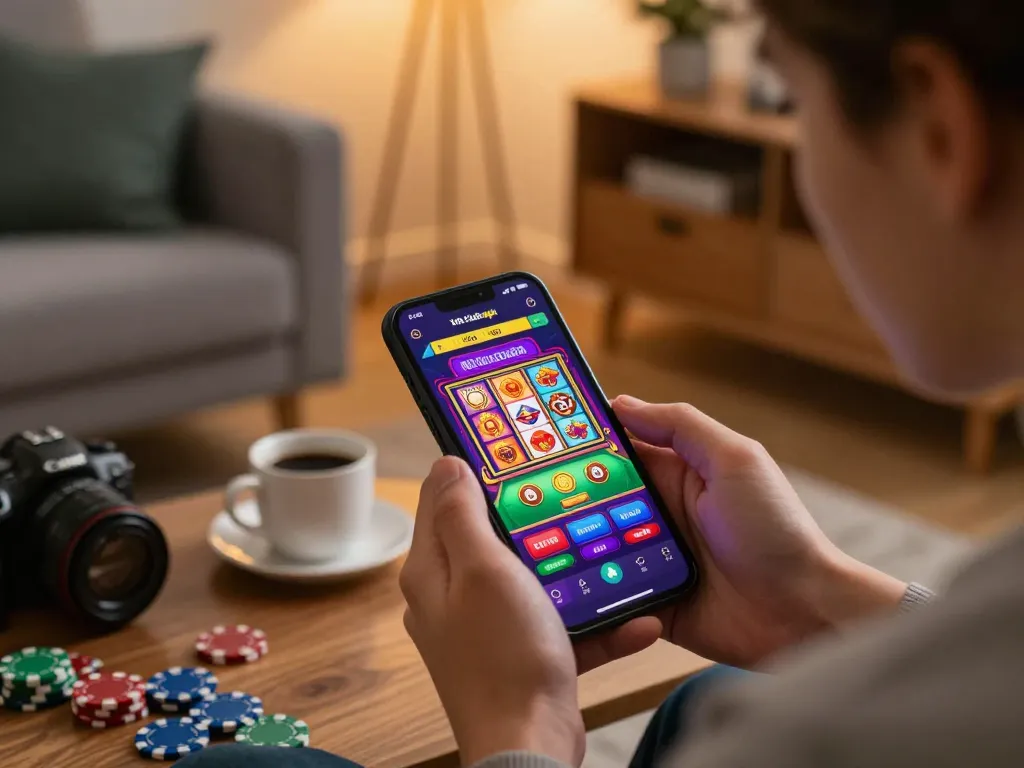 Engaging gameplay with hitclubapk app shown on smartphone in a cozy home setup