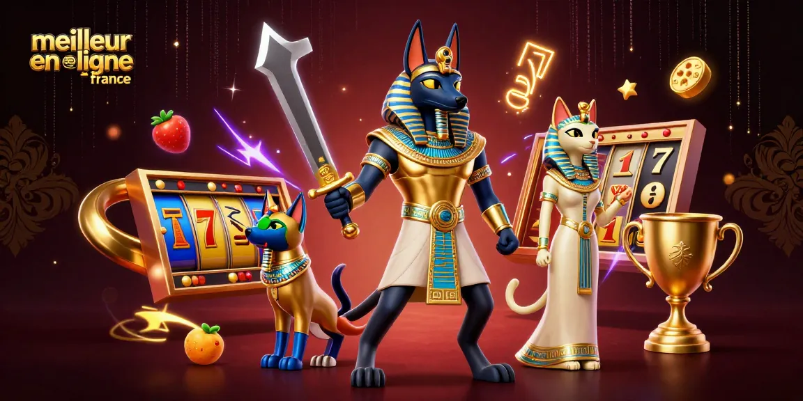 Profitez de la meilleure expérience de jeu au meilleur casino en ligne france mettant en scène Anubis et Bastet dans une illustration 3D vibrante.