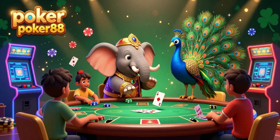 Poker online poker88 scene featuring a vibrant Diwali-themed elephant and peacock winning at a lively poker table.