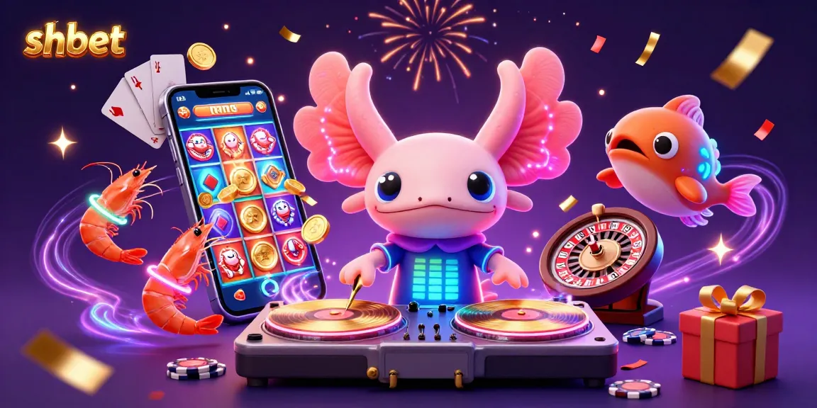 shbet offers a vibrant casino scene featuring a neon axolotl DJ, dancing shrimp, and slot games.