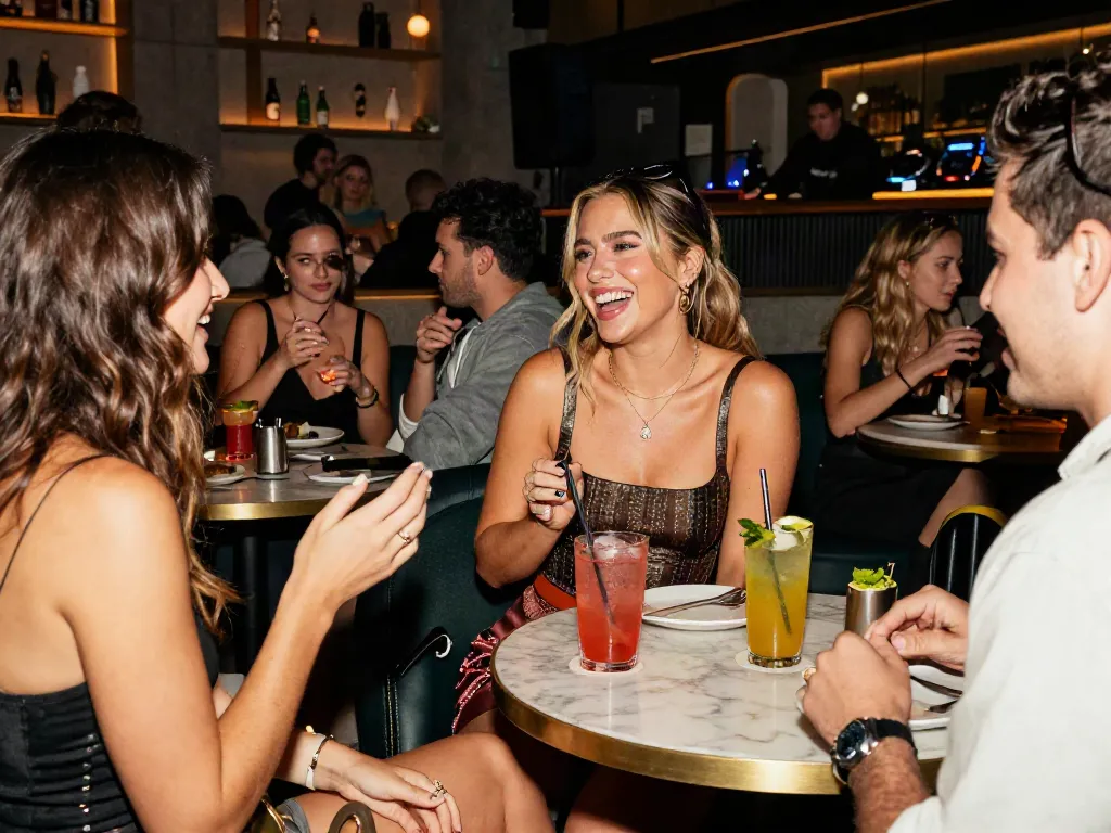 Ellie Nova enjoying the nightlife at a trendy lounge with friends, highlighting her vibrant social persona in the adult film industry.