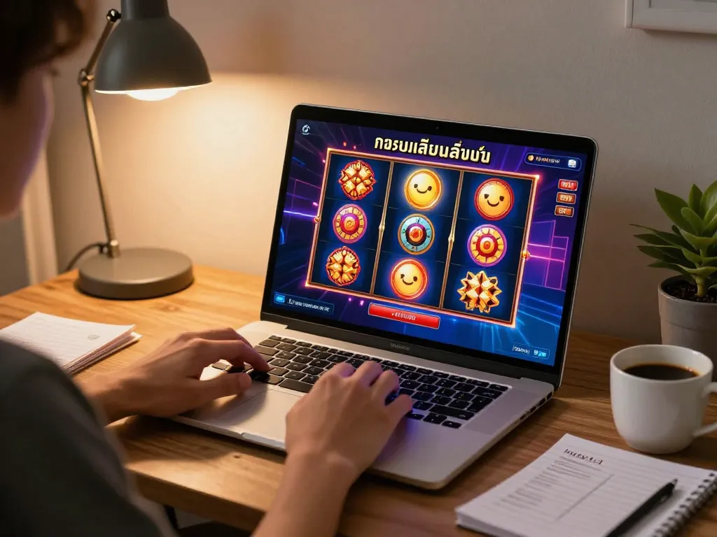 Engaged player enjoying ทดลองเล่นสล็อต on a laptop at home, showcasing vibrant game interface and cozy setup.