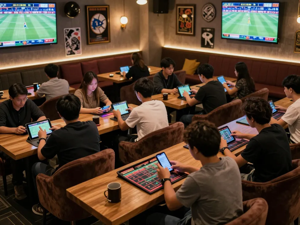 Engaged bettors placing bets on sports events at 58win, vibrant betting lounge ambiance.