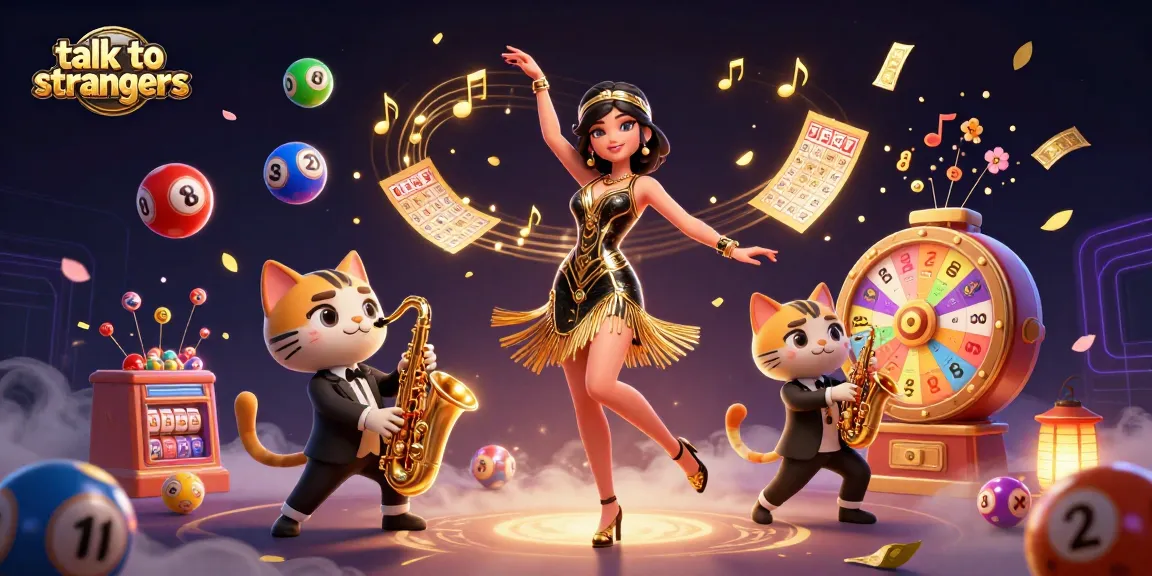 Talk to strangers through a vibrant casino-themed scene with golden musical notes and lottery elements.