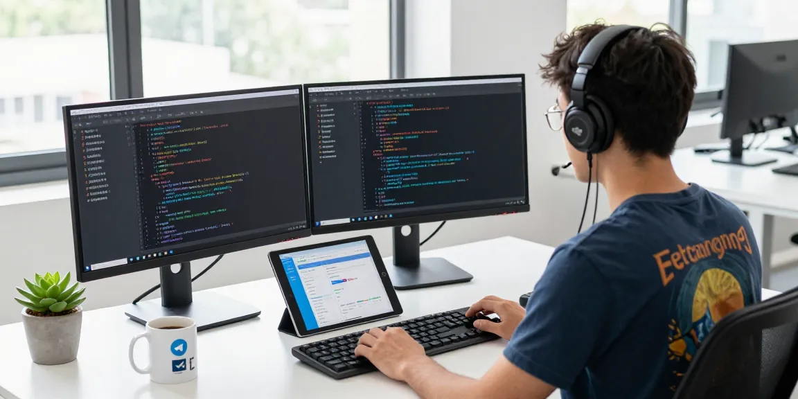 Developer coding on Telegram中文 interface in a tech-savvy workspace, showcasing innovation and productivity.