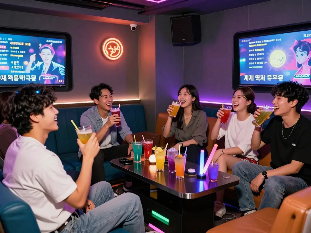 Engaging 제주유흥 nightlife experience with guests enjoying drinks and karaoke in a vibrant room atmosphere.