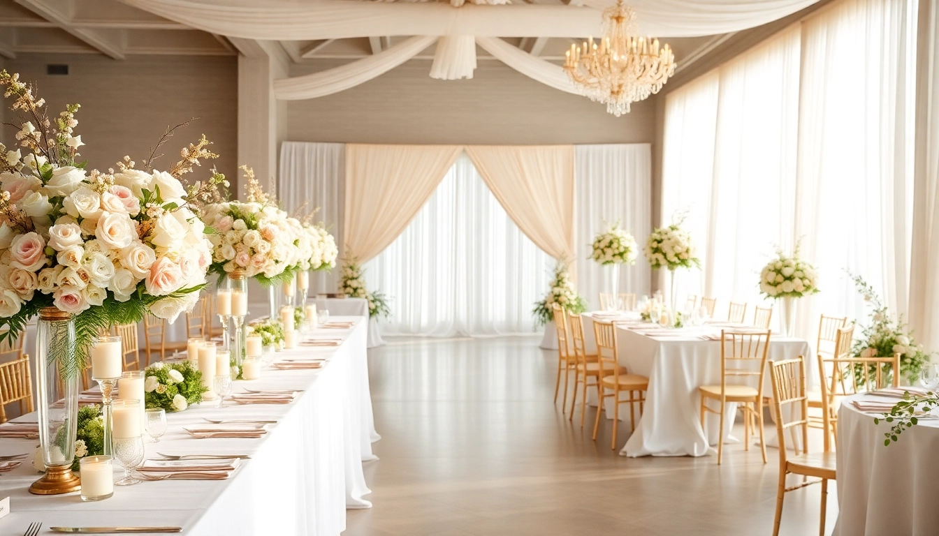 Beautifully arranged wedding event space Jacksonville with elegant decor and warm lighting.