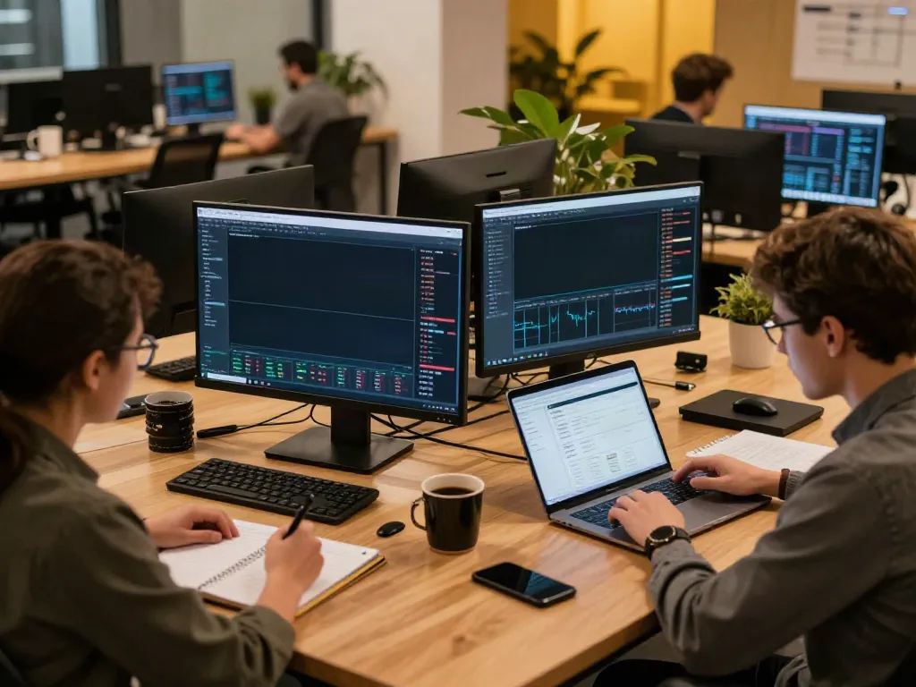 Bitcoin and 日本株 クオンツデータ trading scene in a modern co-working space, showcasing multiple monitors and analytical tools.