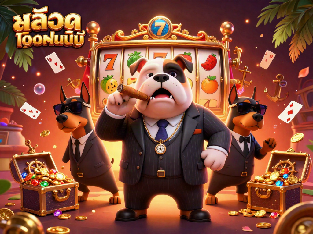 Experience thrilling สล็อตออนไลน์ action with an illustrated mafia boss and characters in a vibrant casino setting.