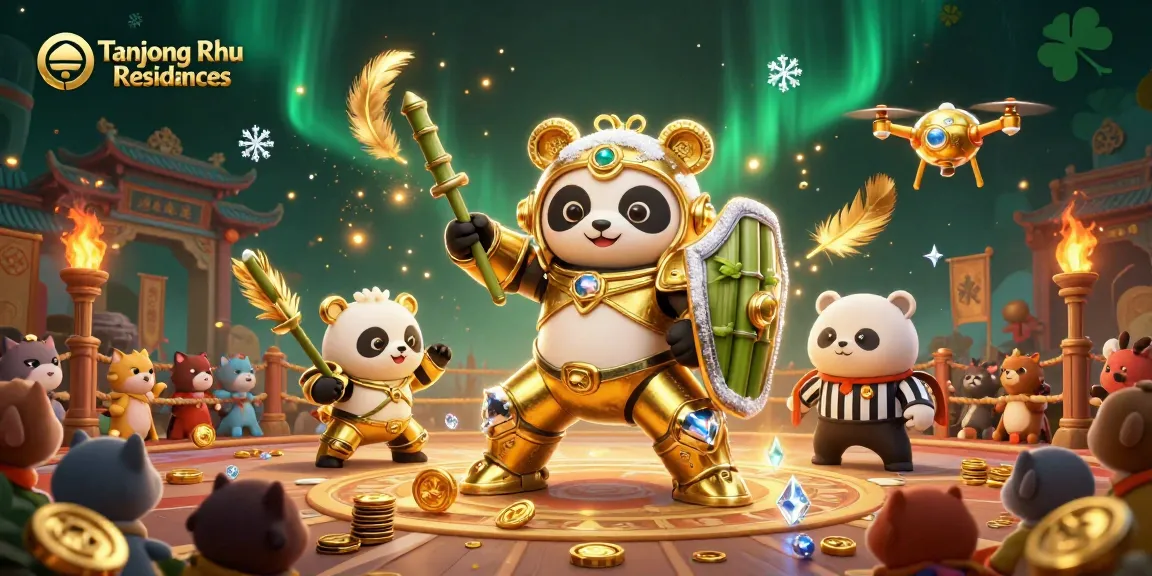 Tanjong Rhu Residences showcase a dynamic casino-inspired battle scene featuring a golden panda pilot and vibrant action elements.