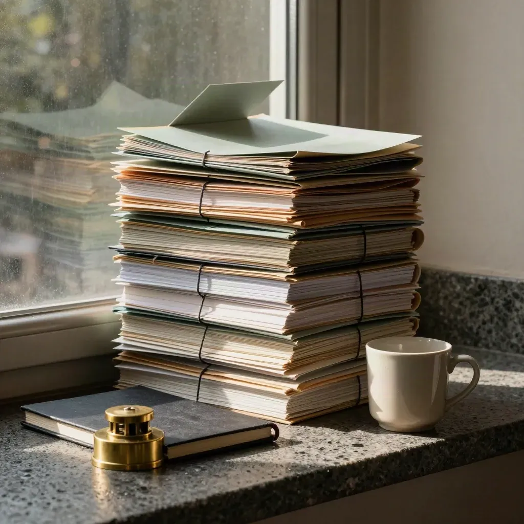 Rain-lit stack of briefing folders, digest sleeves, notebook, brass paperweight and cup on a stone ledge.