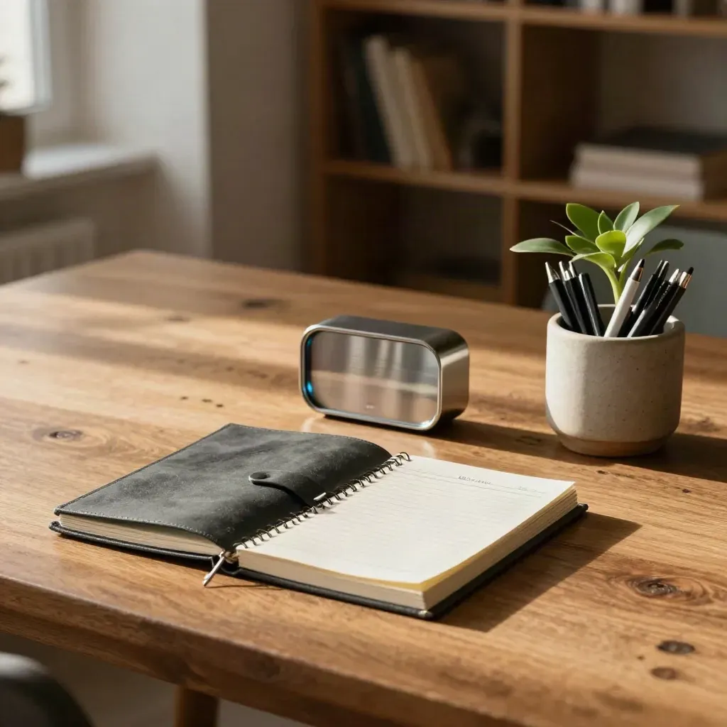 Closed planner, timer, plant, and pen cup on an oak table in a quiet office nook