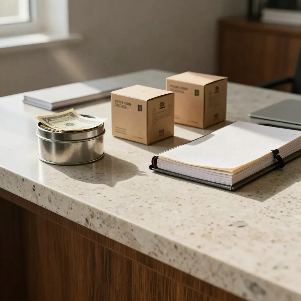 Founder workspace with cash tin, closed ledger, boxed samples and a file tray in warm light
