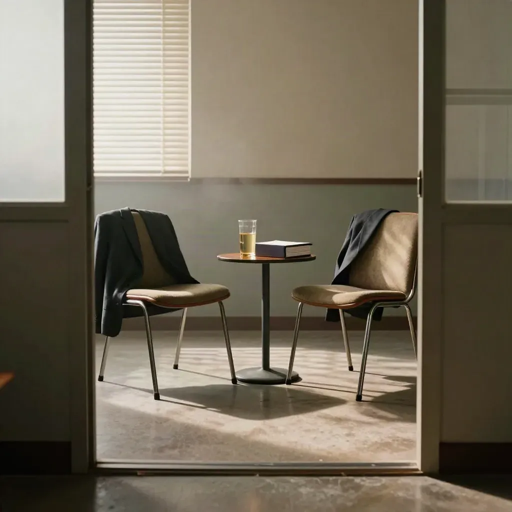 Empty interview room with two chairs, a carafe, blazer, and folder box in blind-shadow light