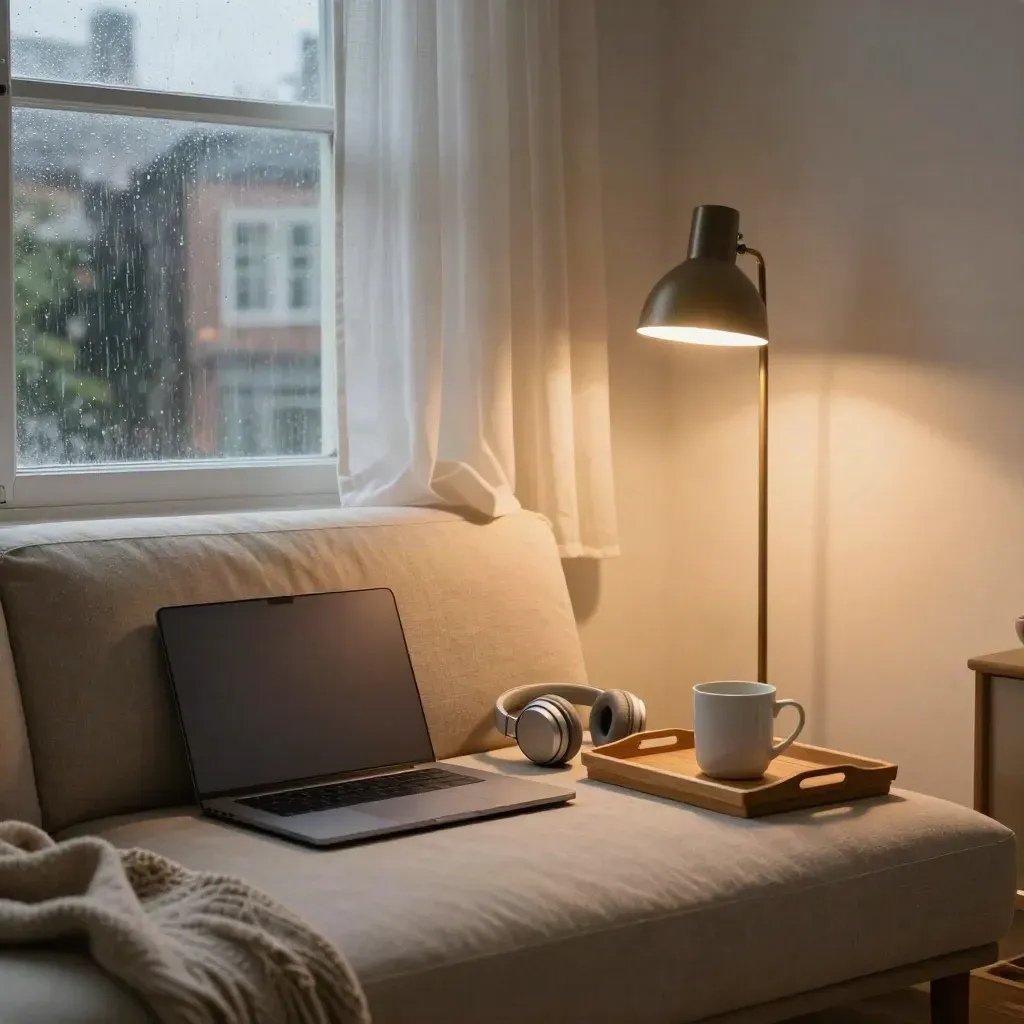 Rainy apartment workspace with closed laptop, headphones, lamp, mug and moving curtain