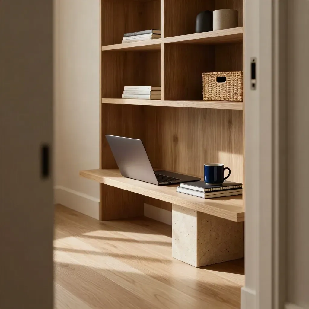 Floor-level view of a warm editorial nook with laptop, notebooks, mug, and open shelving.