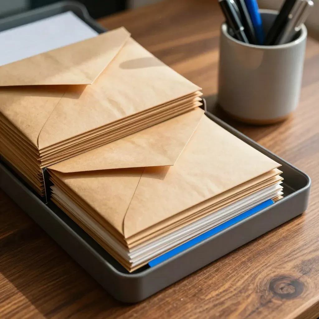 Envelopes, clipped briefs and a pen cup on a walnut mail-sorting table.