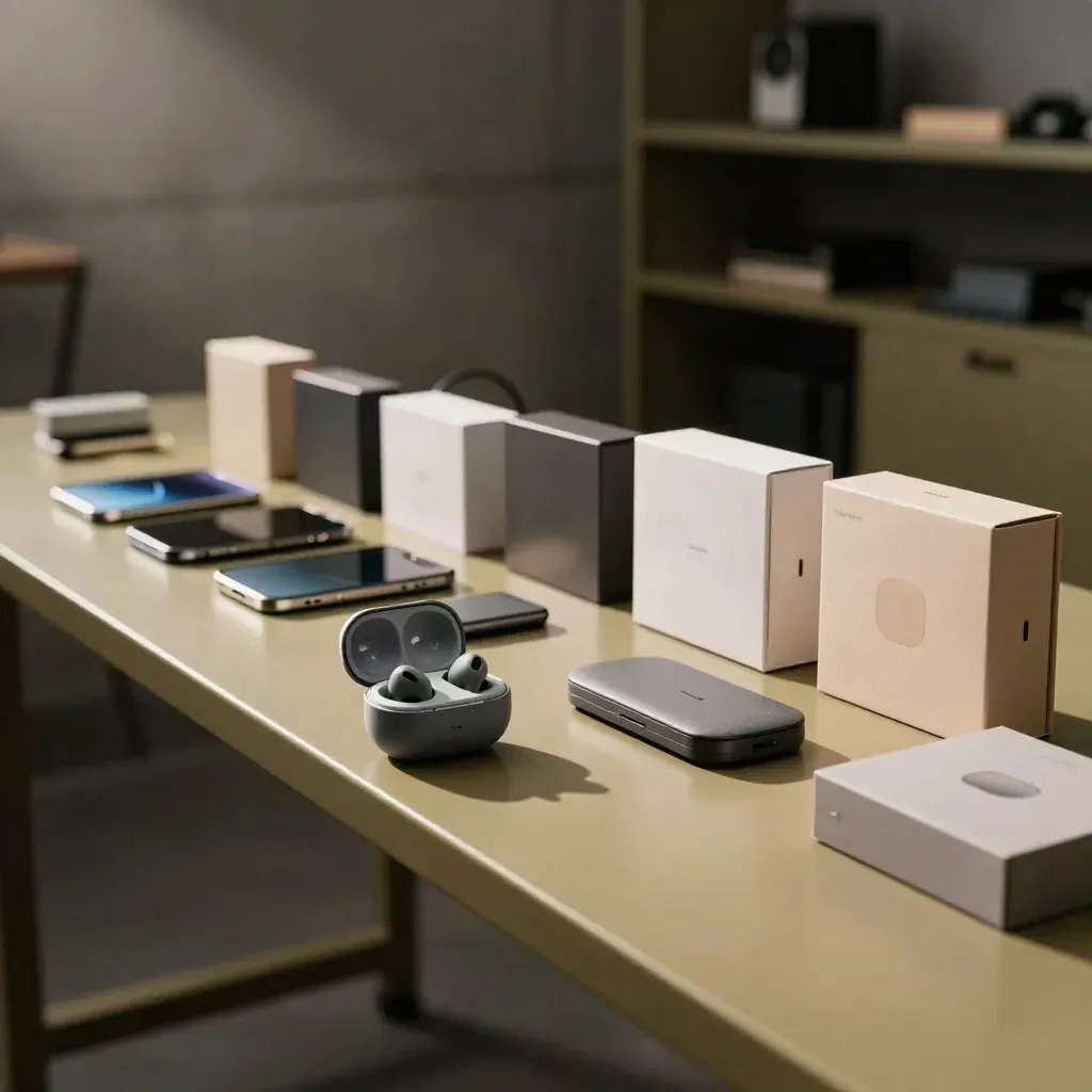Moody shelf of unbranded devices, earbuds, and accessory boxes lit like a comparison test.