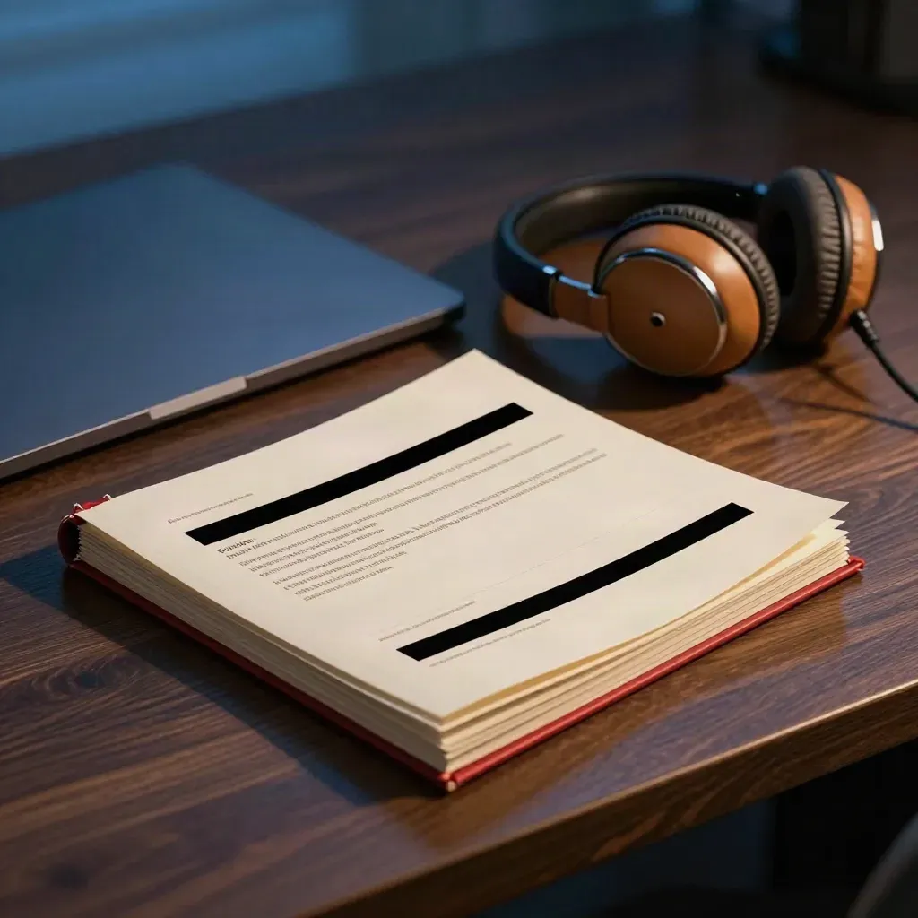 Redacted binder, shut laptop and headset on a dark desk in blue-hour light