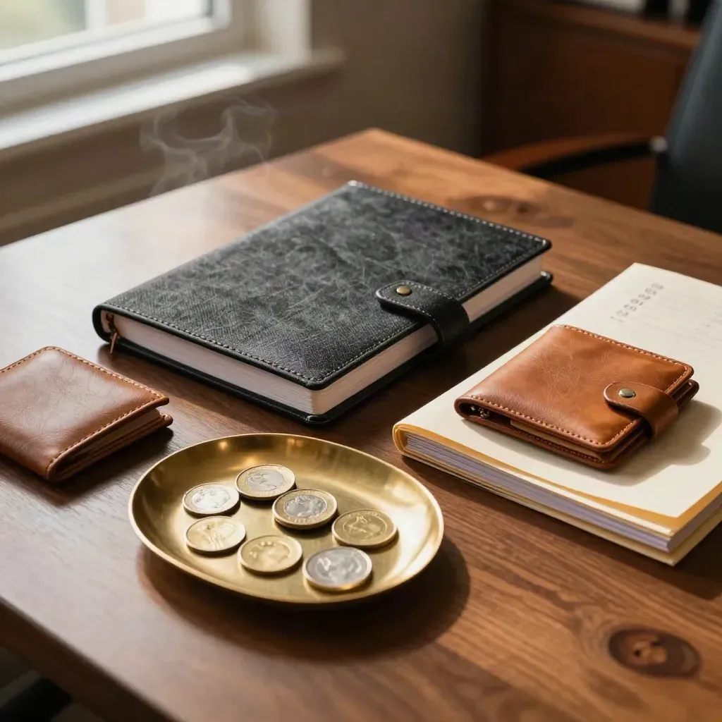 Ledger notebook, coin tray and wallet on a warm walnut desk in soft afternoon light.
