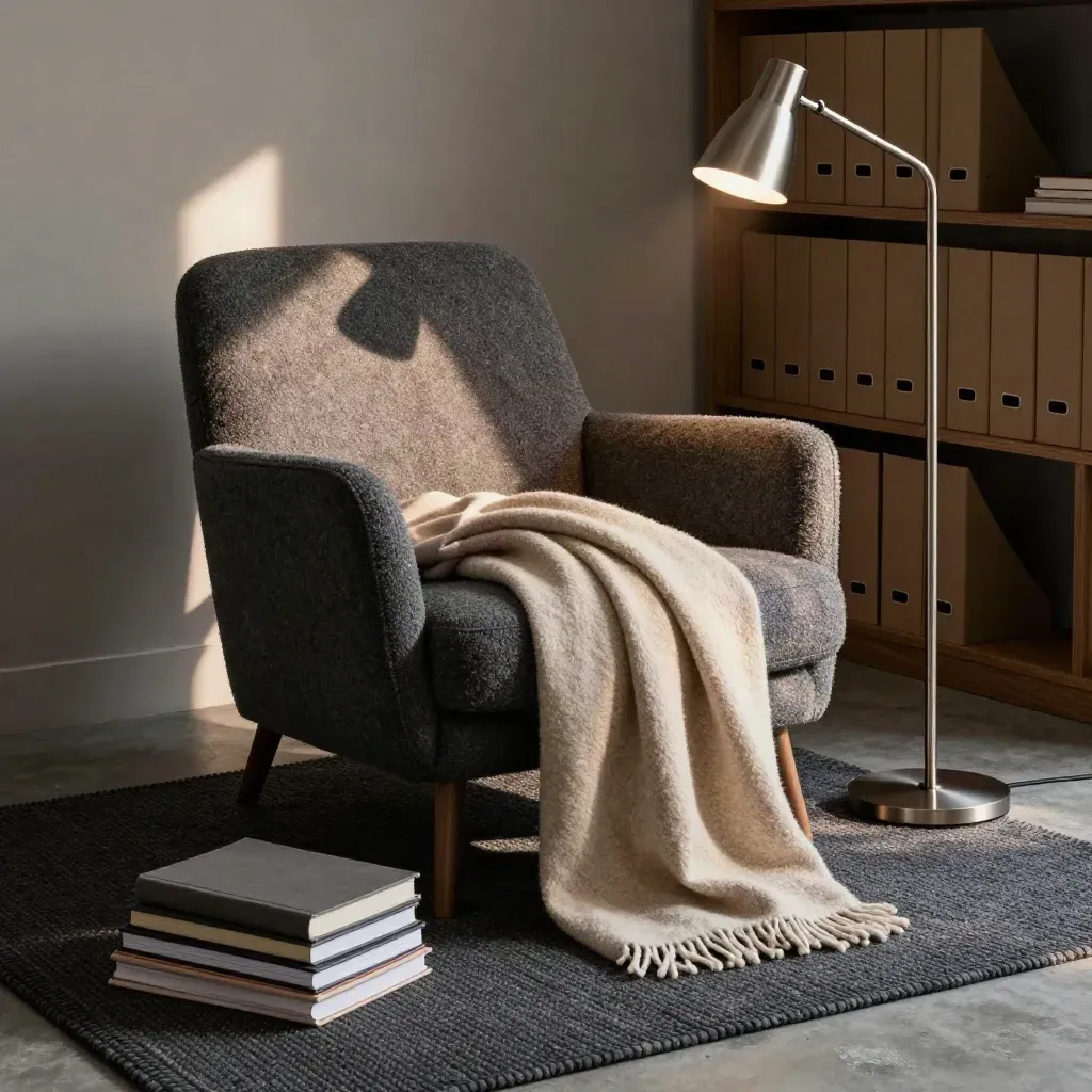 Cinematic reading nook with lounge chair, blanket, journals, lamp, and binders in side light.