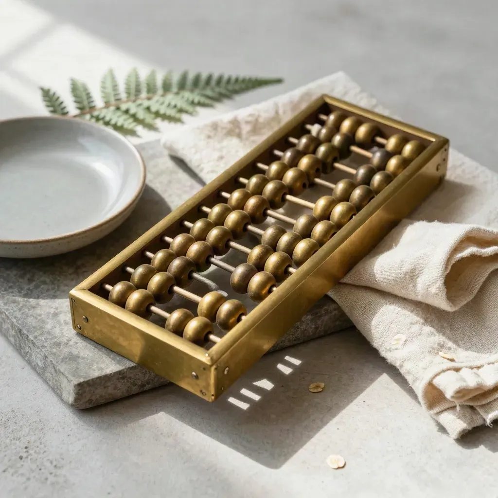Brass abacus with dish, fern, and linen cloth on stone tray in soft window light.