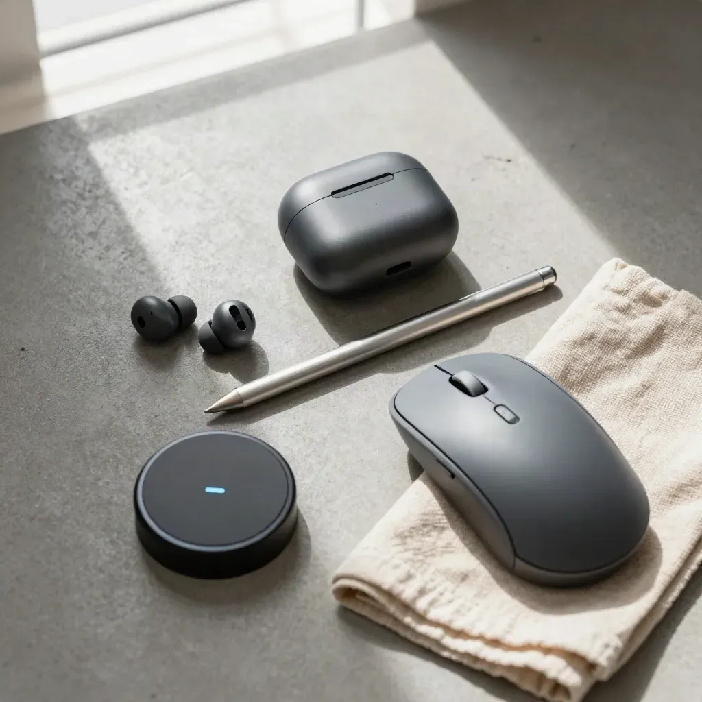 Overhead flatlay of earbuds case, stylus, mouse, charging puck and folded cloth on concrete.