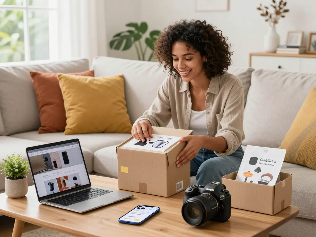 Unboxing excitement in modern living room featuring stylish products from https://hubet88.icu/ with cozy atmosphere.