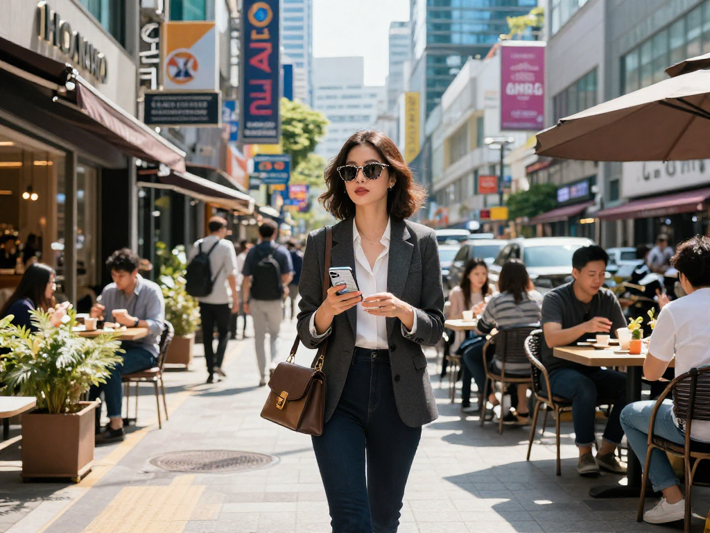 강남 달토와 함께하는 스타일리시한 여성의 활기찬 도시 풍경