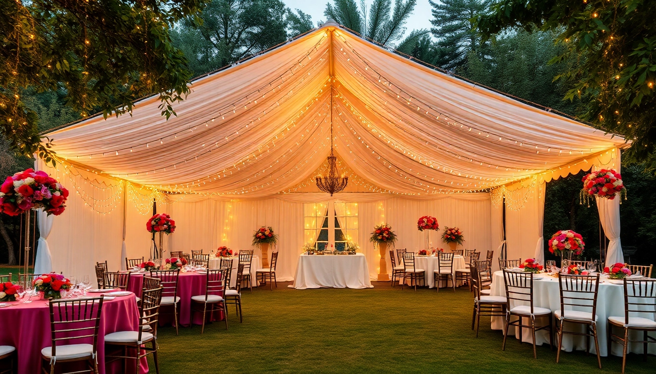 Elegant party tent rentals adorned with festive decorations in a lush outdoor setting.