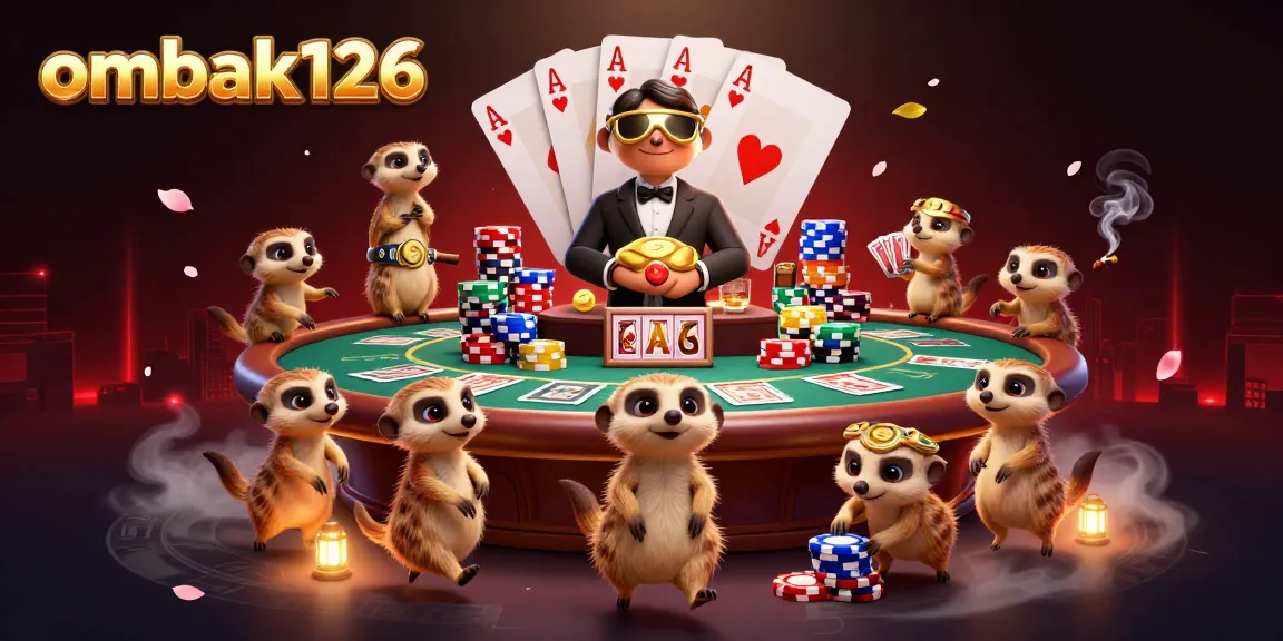Engage with ombak126's thrilling casino scene featuring meerkats in action, showcasing cards and poker chips.