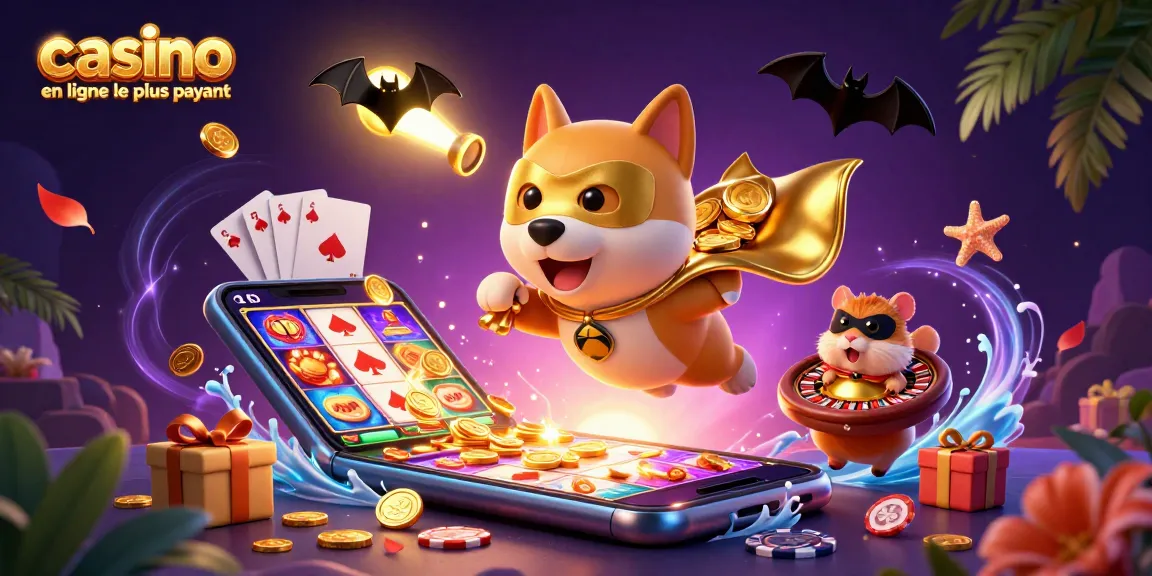 Illustration d'un casino en ligne le plus payant avec un chien super-héros et un hamster.