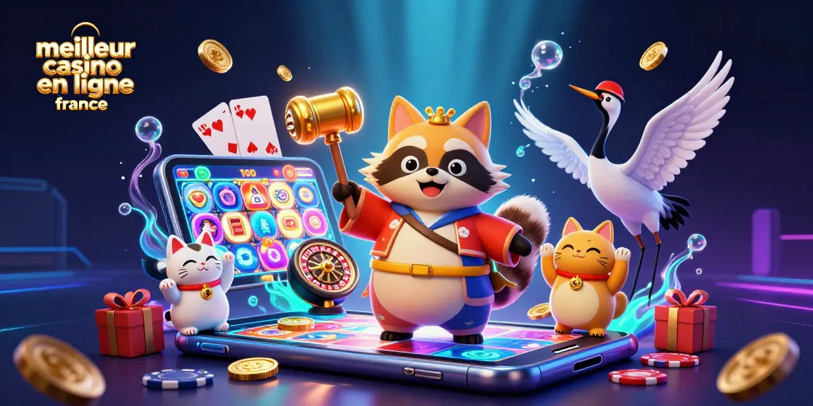 Découvrez l'adrénaline du meilleur casino en ligne France avec une scène festive remplie de symboles chanceux et de jeux.