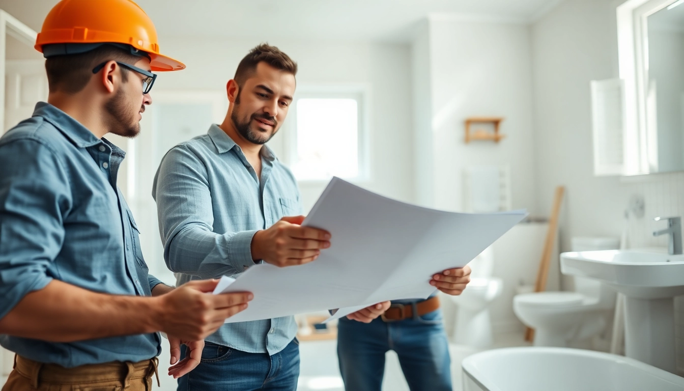 Bathroom remodeling contractors discussing plans for a modern bathroom renovation in a bright space.