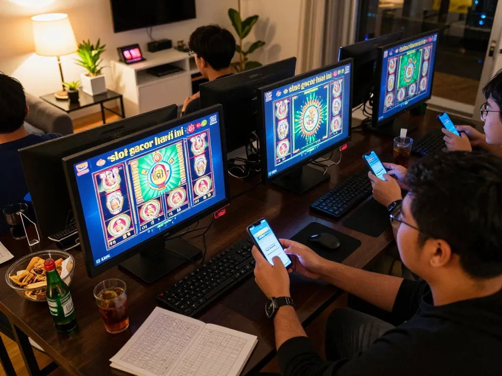 Players engaging in online slot gacor hari ini gaming session at home, vibrant screens showing gameplay and bets.