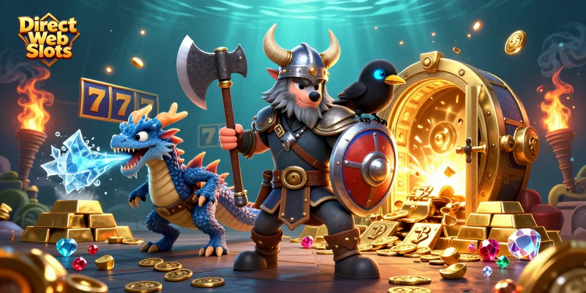 Engage with Direct Web Slots in this vibrant 3D illustration featuring Viking and dragon characters alongside dynamic game elements.