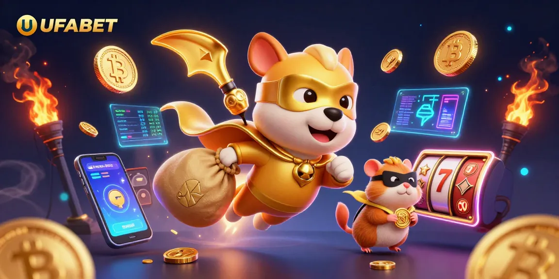 Play exciting games at UFABET with a superhero dog and coins in a vibrant illustration.
