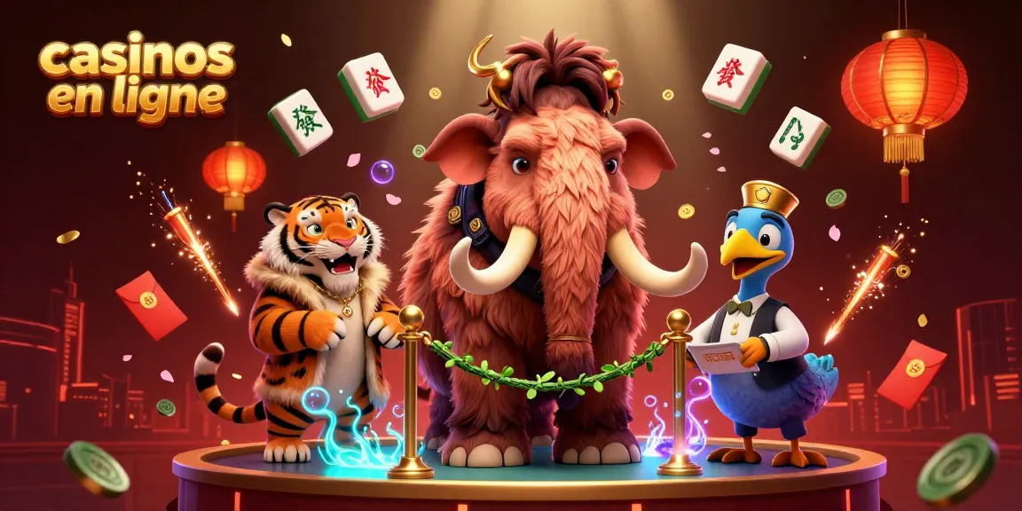 Participez à des jeux dans des casinos en ligne avec un mammouth comme agent de sécurité, au milieu d'une ambiance festive.
