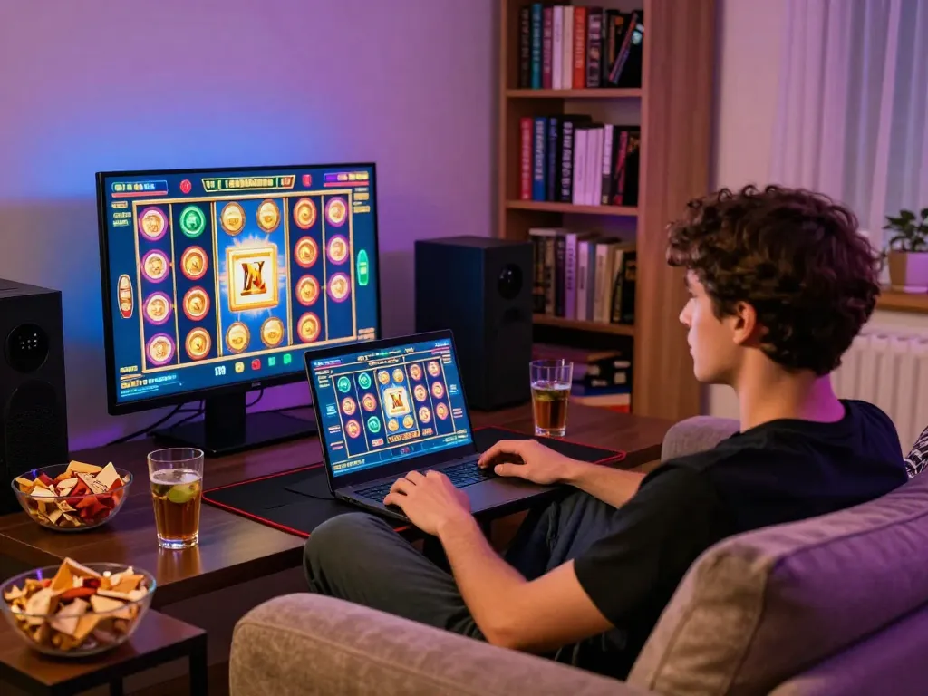 Player enjoying a thrilling casino online esteri experience with laptop displaying colorful slot game.